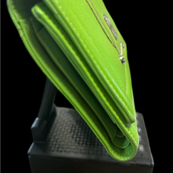 MCM Neon Green Leather Tri-Fold Wallet with Tassel - Picture 3 of 7